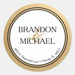 Gold Black Formal Wedding Return Address Classic Round Sticker