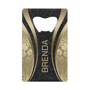 Gold & Black Geometric Design Damask Accent Credit Card Bottle Opener