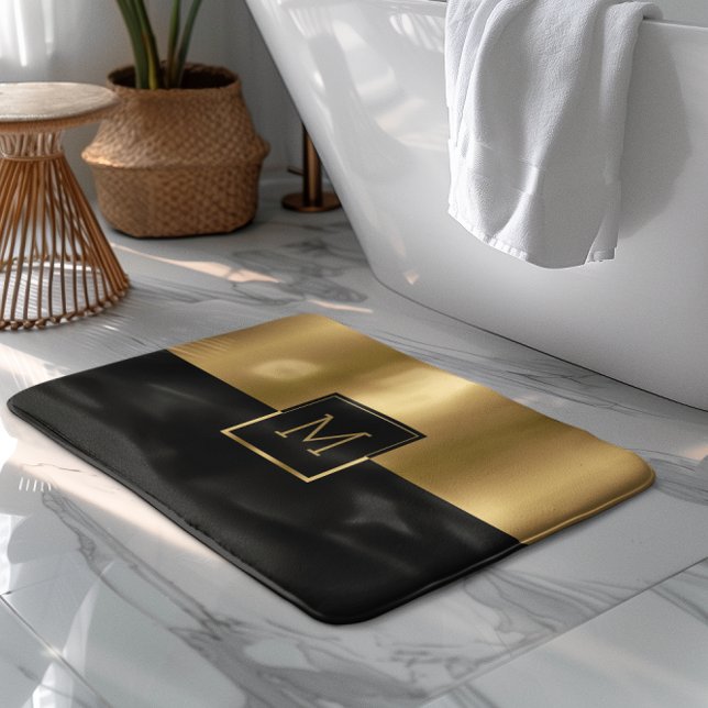 Gold & Black Geometric Design Monogram Bath Mat (Creator Uploaded)