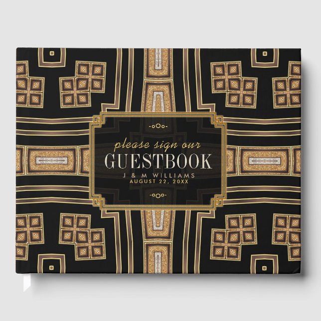 Gold Black Geometric Mosaic Pattern Wedding Guest Book (Front)