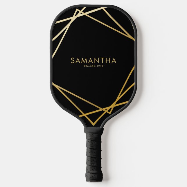 Gold Black Geometric Personalized Name Pickleball Paddle (Front)