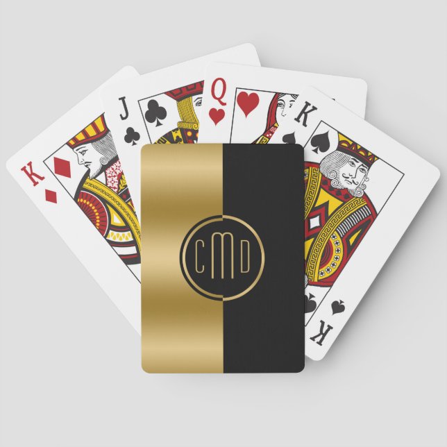 Gold & Black Geometric Split-Screen Monogram Playing Cards (Back)