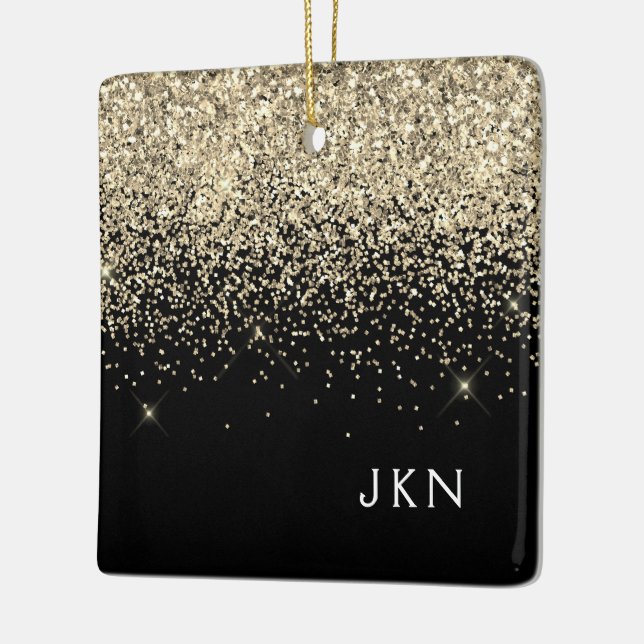 Gold Black Girly Glitter Sparkle Monogram Name Ceramic Ornament (Left)