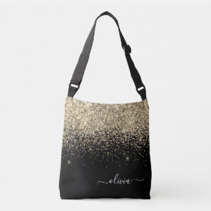 Gold Black Girly Glitter Sparkle Monogram Name Crossbody Bag