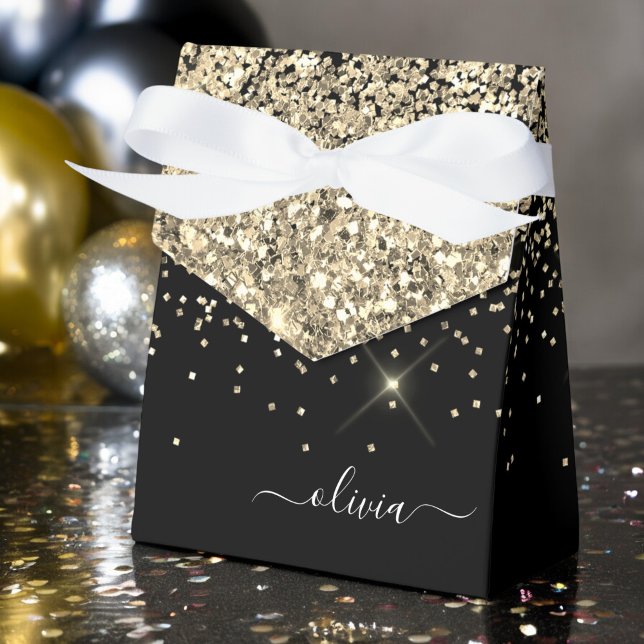 Gold Black Girly Glitter Sparkle Monogram Name Favor Box (Creator Uploaded)