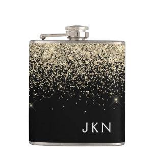 Gold Black Girly Glitter Sparkle Monogram Name Hip Flask