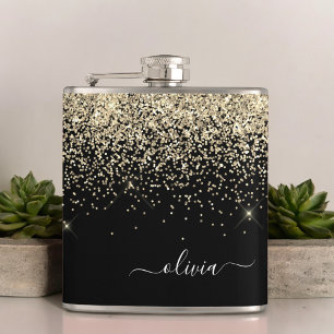 Gold Black Girly Glitter Sparkle Monogram Name Hip Flask