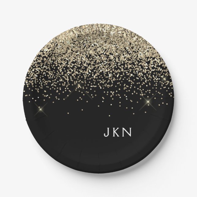 Gold Black Girly Glitter Sparkle Monogram Name Paper Plate (Front)