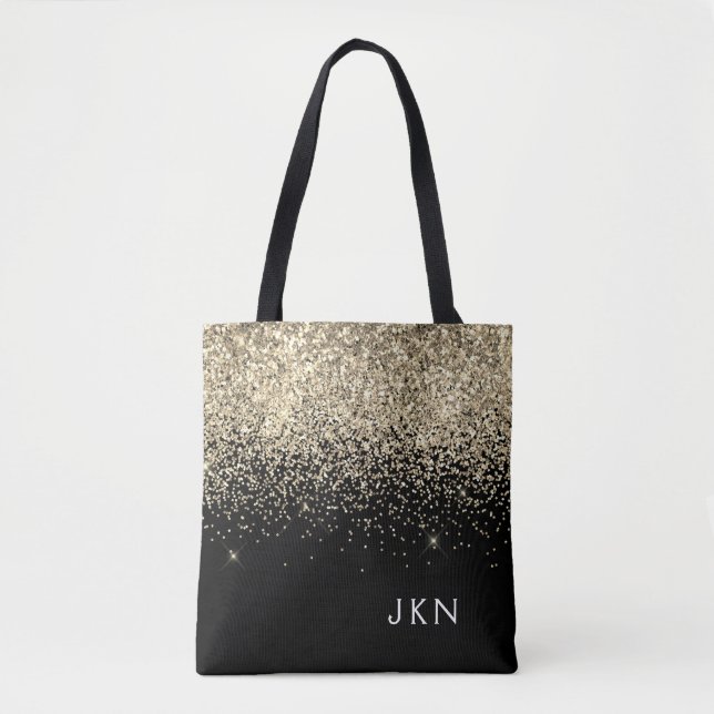 Gold Black Girly Glitter Sparkle Monogram Name Tote Bag (Front)