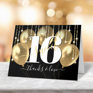 Gold Black Girly Luxury Sweet 16 Birthday Balloons Thank You Card