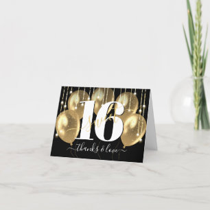 Gold Black Girly Luxury Sweet 16 Birthday Balloons Thank You Card