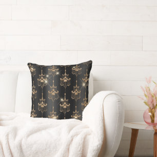 Gold Black Glam Glitter Chandeliers Throw Pillow