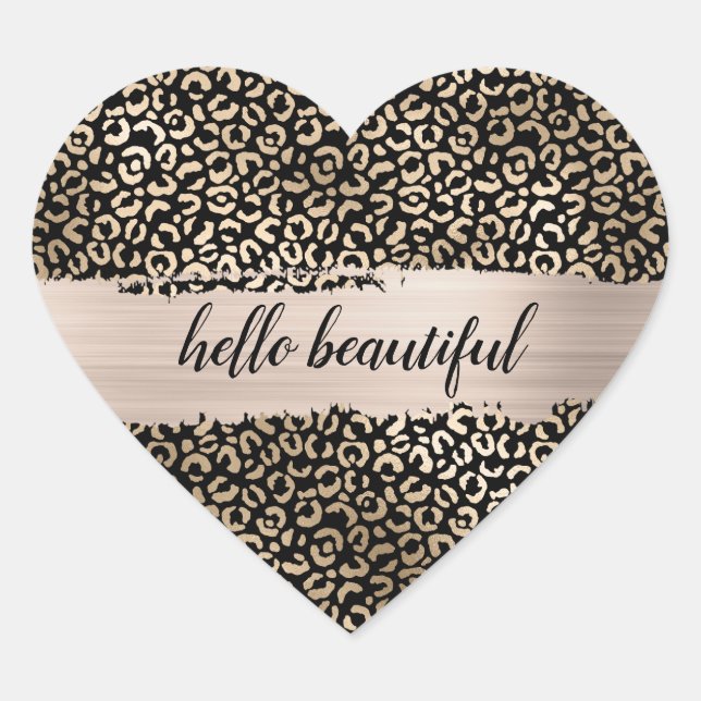 Gold Black Glam Leopard Print Heart Sticker (Front)