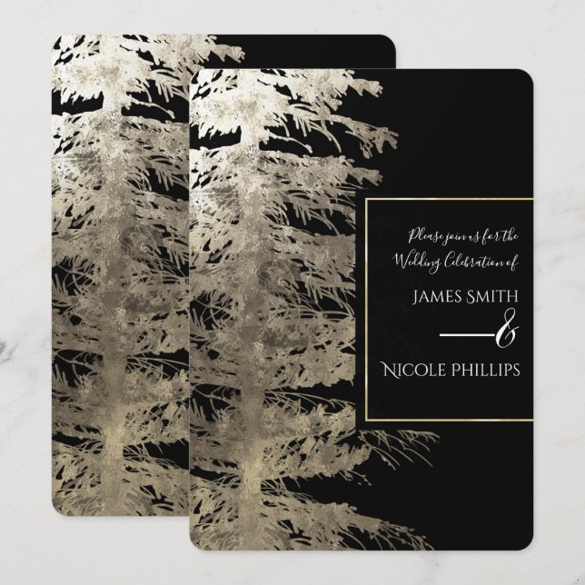 Gold & Black Glam Pine Tree Rustic Forest Wedding Invitation (Front/Back)