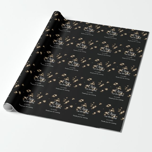 Gold black glitter add name birthday date year tex wrapping paper (Unrolled)