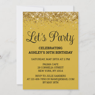 Gold Black Glitter Bling 30th Birthday Let's Party Invitation