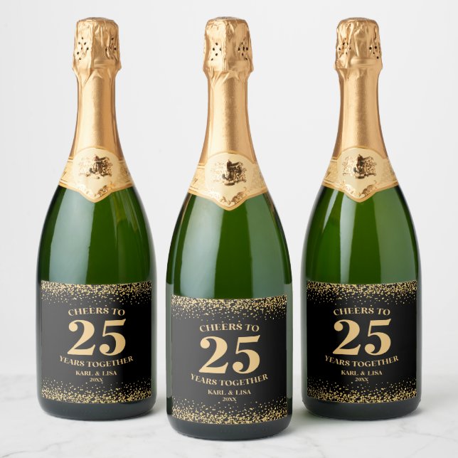 Gold Black Glitter Cheers To 25 Years Anniversary Sparkling Wine Label (Bottles)