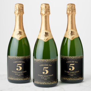 Gold Black Glitter Cheers To 5 Years Anniversary Sparkling Wine Label