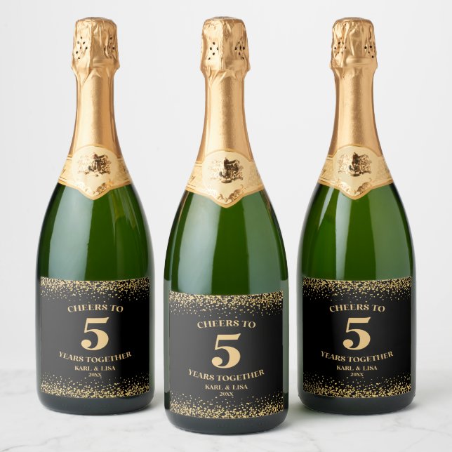 Gold Black Glitter Cheers To 5 Years Anniversary Sparkling Wine Label (Bottles)