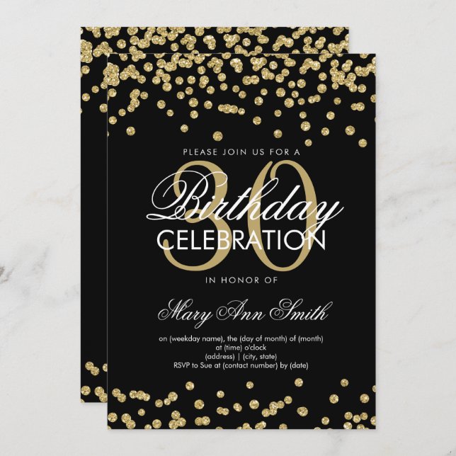 Gold Black Glitter Confetti 30th Birthday Invitation (Front/Back)