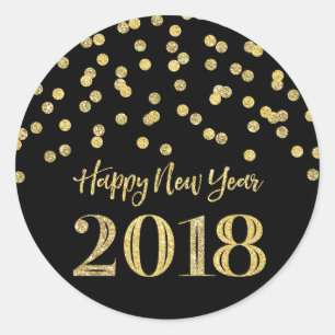 Gold Black Glitter Confetti Happy New Year 2018 Classic Round Sticker