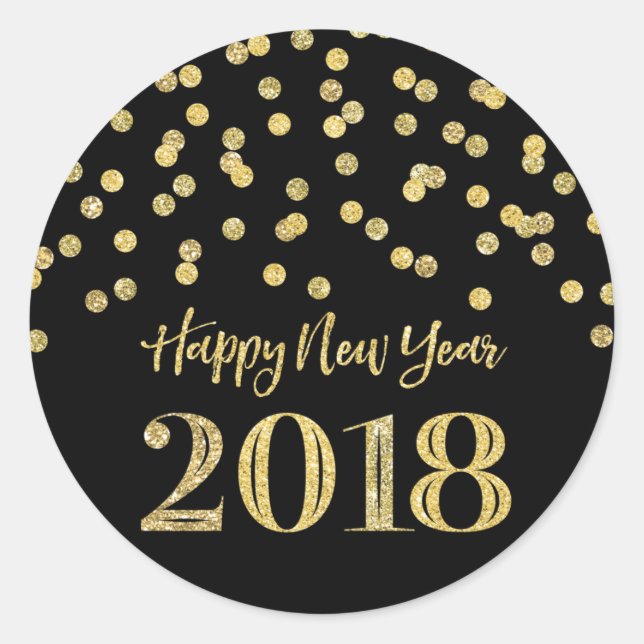 Gold Black Glitter Confetti Happy New Year 2018 Classic Round Sticker (Front)