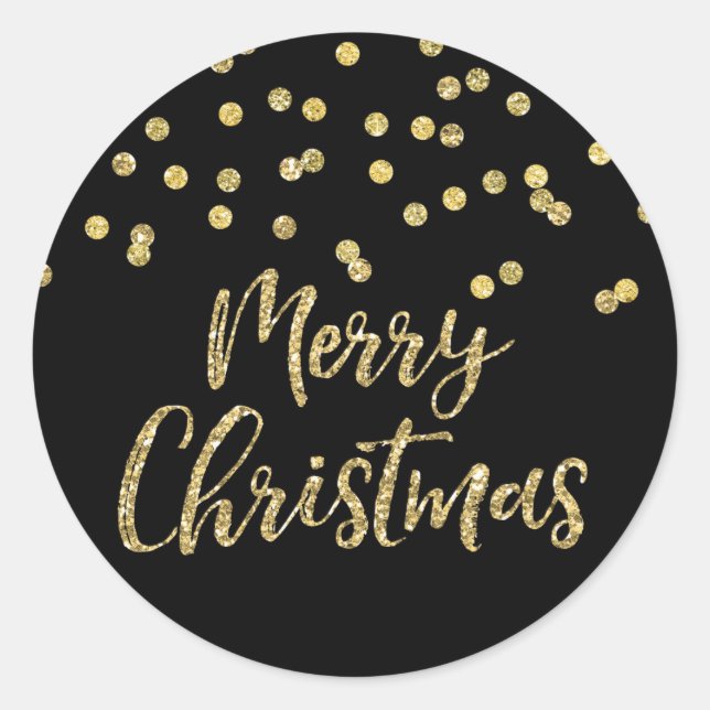 Gold Black Glitter Confetti Merry Christmas Classic Round Sticker (Front)