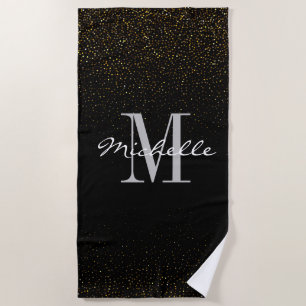 Gold & Black Glitter Custom Monogram First Name Beach Towel