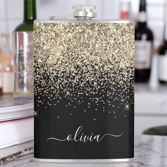 Gold Black Glitter Custom Monogram Name Hip Flask (Creator Uploaded)