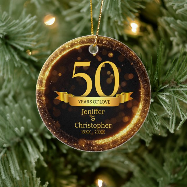 Gold & Black Glitter Edit Year Wedding Anniversary Ceramic Ornament (Tree)