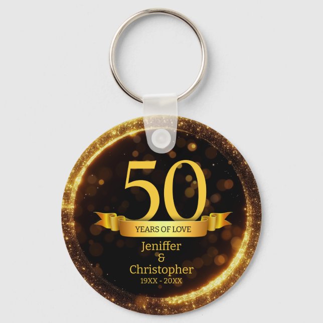 Gold & Black Glitter Edit Year Wedding Anniversary Keychain (Front)
