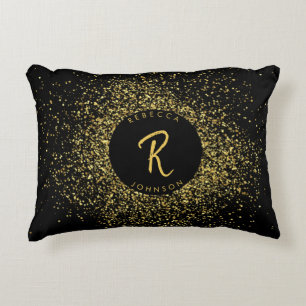 Gold & Black Glitter Frame Monogram Accent Pillow