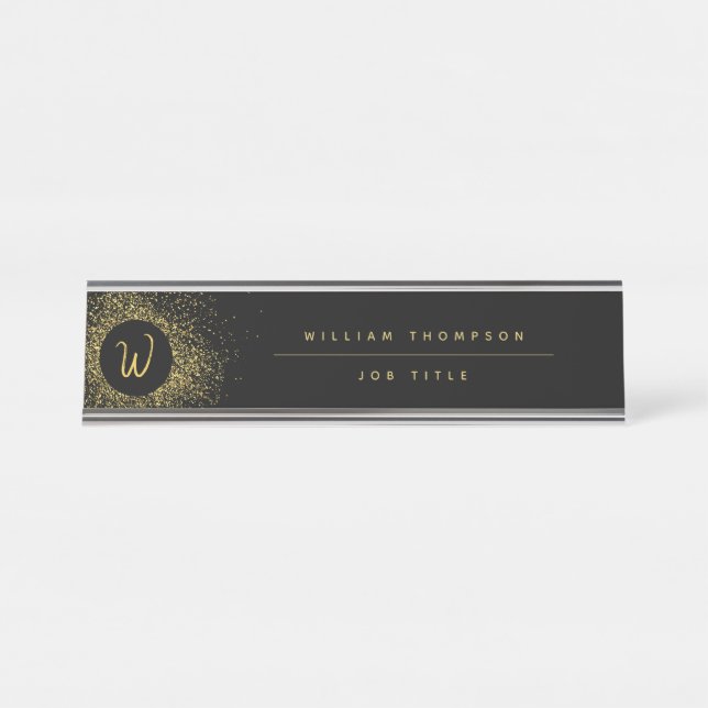 Gold & Black Glitter Frame Monogram Desk Name Plate (Front)