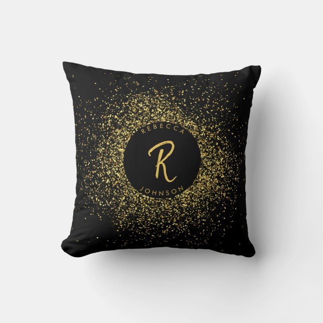 Gold & Black Glitter Frame Monogram Throw Pillow (Front)