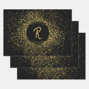 Gold & Black Glitter Frame Monogram Wrapping Paper Sheet
