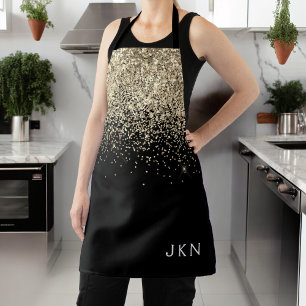 Gold Black Glitter Girly Monogram Initials Apron