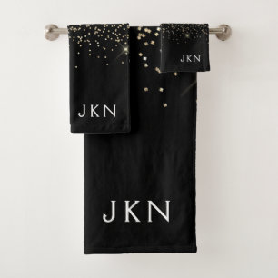 Gold Black Glitter Girly Monogram Initials Bath Towel Set