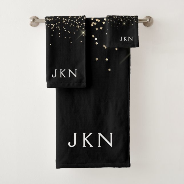 Gold Black Glitter Girly Monogram Initials Bath Towel Set (Insitu)