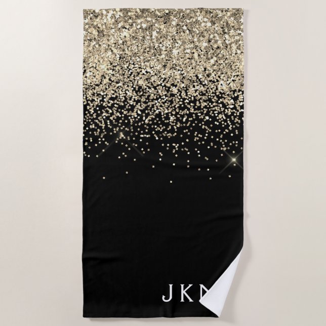 Gold Black Glitter Girly Monogram Initials Beach Towel (Front)
