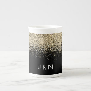 Gold Black Glitter Girly Monogram Initials Bone China Mug