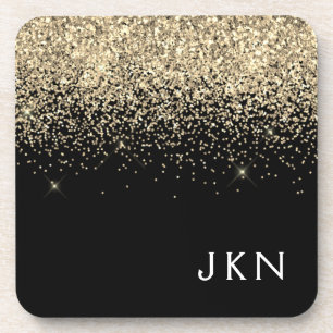 Gold Black Glitter Girly Monogram Initials Coaster