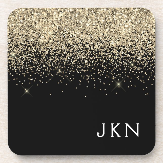 Gold Black Glitter Girly Monogram Initials Coaster (Front)