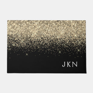 Gold Black Glitter Girly Monogram Initials Doormat