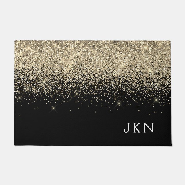Gold Black Glitter Girly Monogram Initials Doormat (Front)