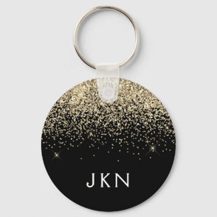 Gold Black Glitter Girly Monogram Initials Keychain