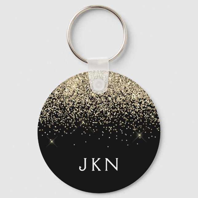 Gold Black Glitter Girly Monogram Initials Keychain (Front)
