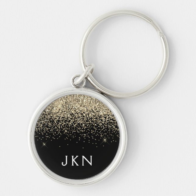 Gold Black Glitter Girly Monogram Initials Keychain (Front)