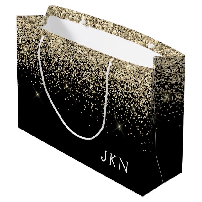 Gold Black Glitter Girly Monogram Initials Large Gift Bag (Back Angled)