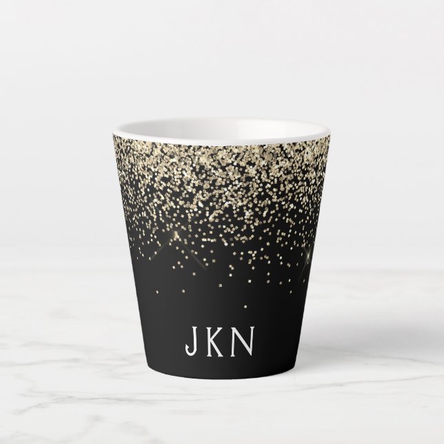 Gold Black Glitter Girly Monogram Initials Latte Mug (Front)