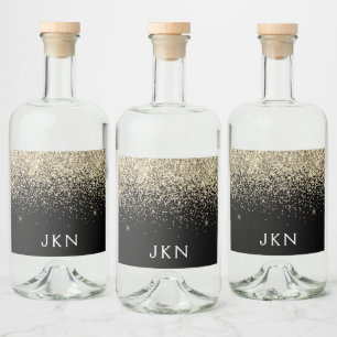Gold Black Glitter Girly Monogram Initials Liquor Bottle Label
